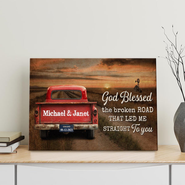 Sunset God Blessed The Broken Road - Personalized Customized Canvas - Gift For Couple Husband Wife