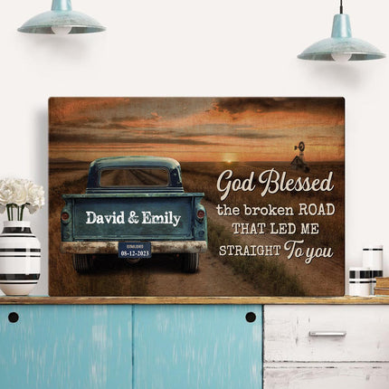 Sunset God Blessed The Broken Road - Personalized Customized Canvas - Gift For Couple Husband Wife