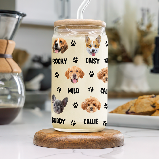 Custom Dog Cat Photo With Bone Icon For Pet Lover Glass Can With Lid