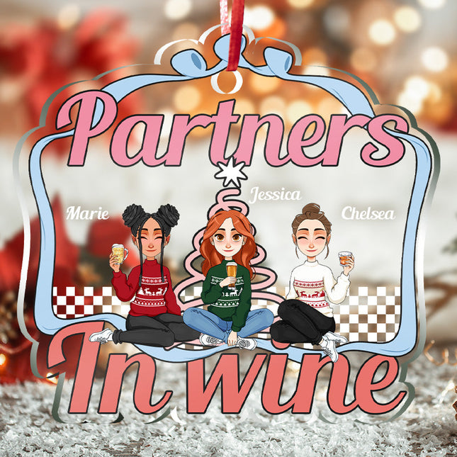 Partners In Wine Sisters Forever - Bestie Ornament - Christmas Gifts For Besties Personalized Custom Acrylic Ornament