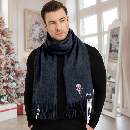 Personalised Name Birth Flower Soft Warm Tassel Scarf, Winter Accessory Anniversary Birthday