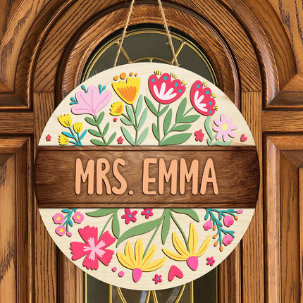 Custom Teacher Name With Floral Layer Doorsign, Back To School Gift