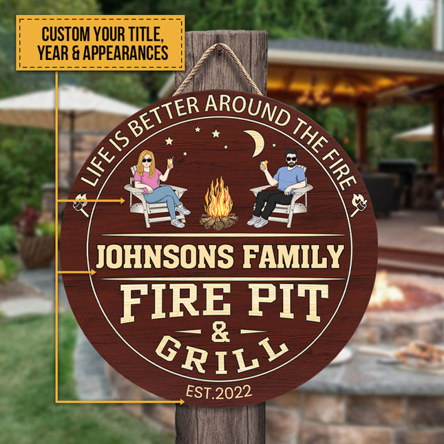 Fire Pit And Grill - Personalized Round Wood Sign - Birthday, Summertime Decor, Housewarming Gift For Family, Friends