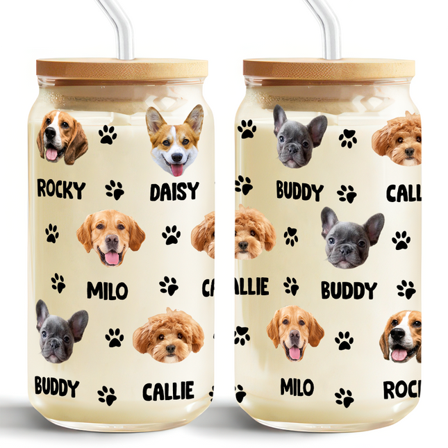Custom Dog Cat Photo With Bone Icon For Pet Lover Glass Can With Lid