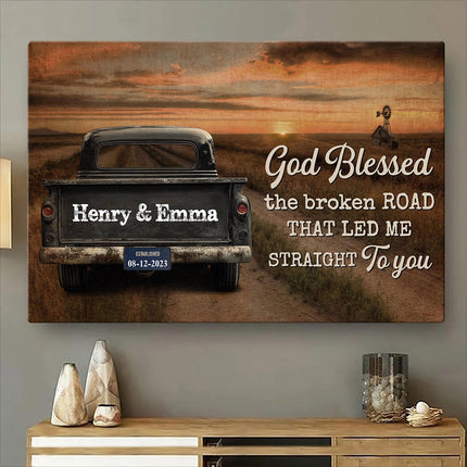 Sunset God Blessed The Broken Road - Personalized Customized Canvas - Gift For Couple Husband Wife