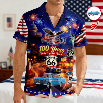 Celebrate 100 Years of Road Route 66 and America 250th Anniversary Custom Car Photo Hawaiian Shirt