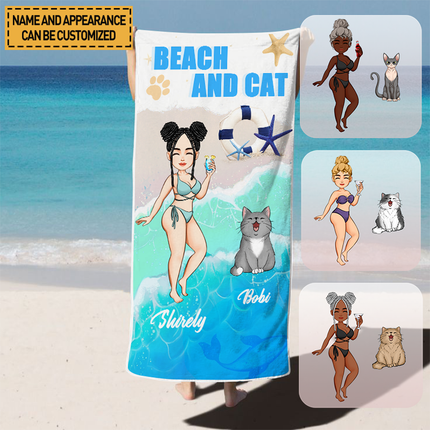 Summer Cute Cat And Beach Beach Towel  Customized Beach Towel - Gift For Cat lover