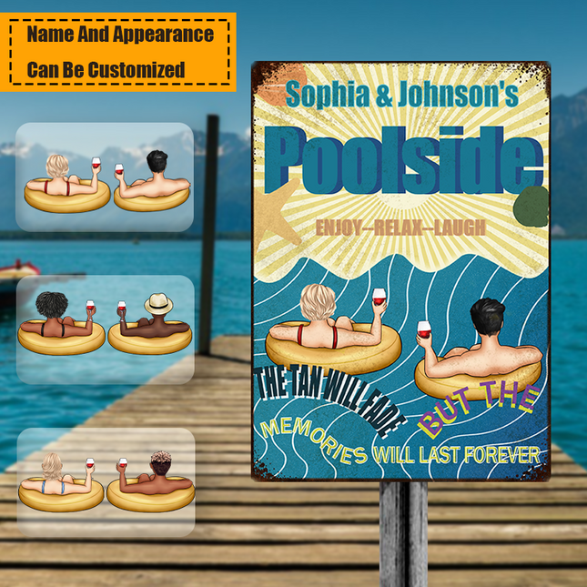 Poolside Enjoy Relax - Personalized Metal Sign - Swimming Pool Decor Gift For Family, Couple, Husband & Wife, Lover