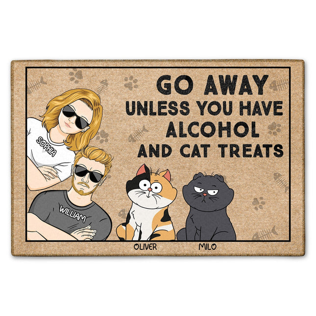 Go Away Unless You Have Alcohol And Cat Treats Funny Cartoon Cat  - Personalized Doormat
