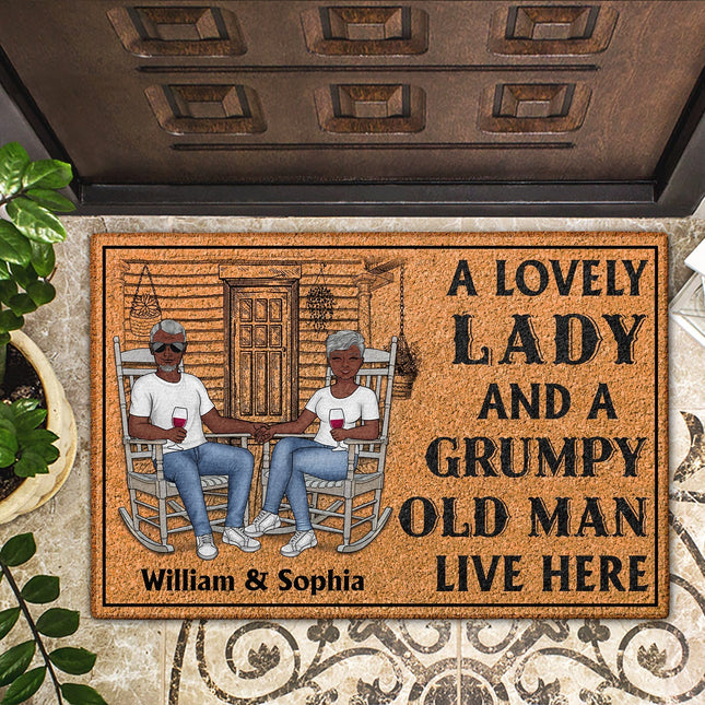 Family Couple A Lovely Lady And A Grumpy Old Man Live Here - Personalized Custom Doormat