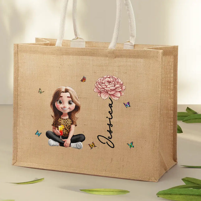 Birth Month Flowers Bloom Women - Personalized Jute Beach Bag