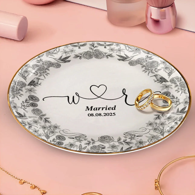 Couple Initial Names Engaged Married Toile De Jouy Pattern - Personalized Round Ring Dish