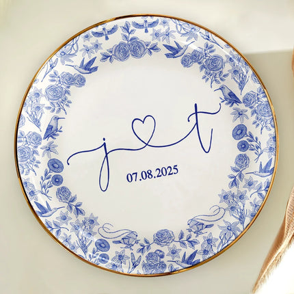 Couple Initial Names Engaged Married Toile De Jouy Pattern - Personalized Round Ring Dish
