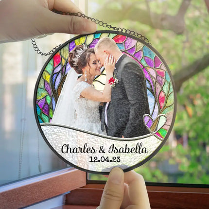 Custom Photo Couple Bride And Groom - Personalized Stained Glass Window Hanging Suncatcher