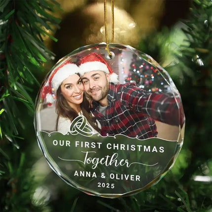 Custom Photo Our First Christmas Engaged - Personalized Circle Glass Ornament