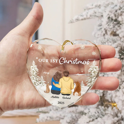First Christmas As Mr & Mrs Dog Cat - Personalized Heart Shaped Glass Ornament