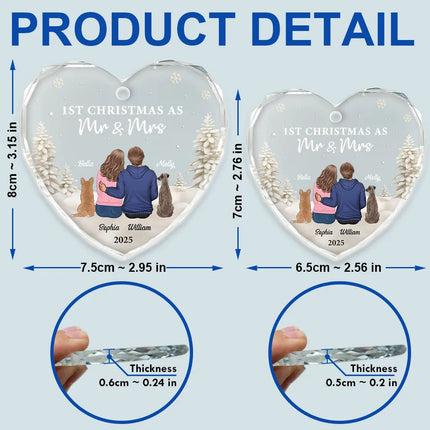 First Christmas As Mr & Mrs Dog Cat - Personalized Heart Shaped Glass Ornament