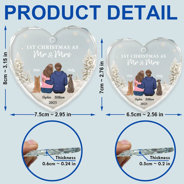 First Christmas As Mr & Mrs Dog Cat - Personalized Heart Shaped Glass Ornament