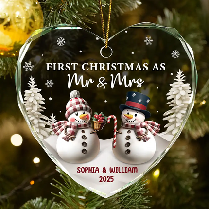 First Christmas As Mr & Mrs Snowman - Personalized Heart Shaped Glass Ornament