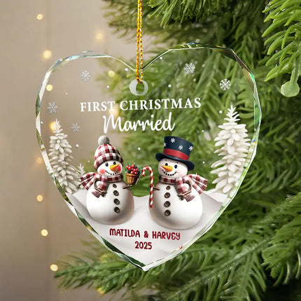 First Christmas As Mr & Mrs Snowman - Personalized Heart Shaped Glass Ornament