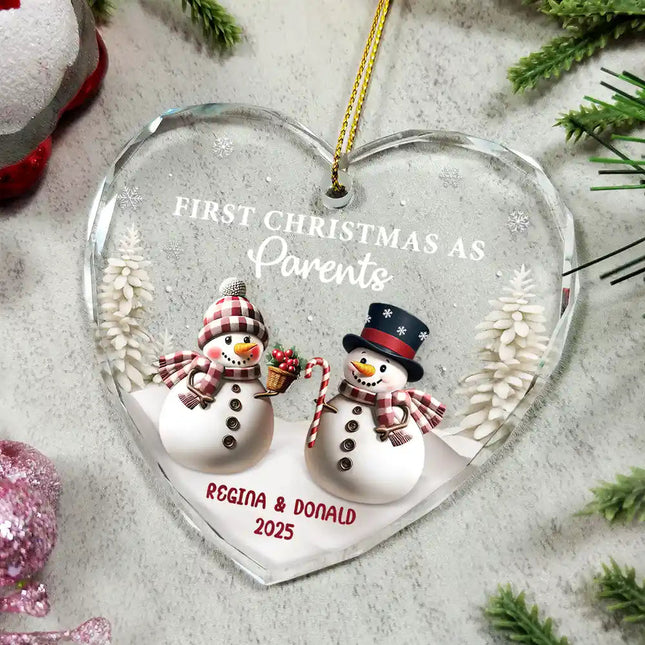 First Christmas As Mr & Mrs Snowman - Personalized Heart Shaped Glass Ornament