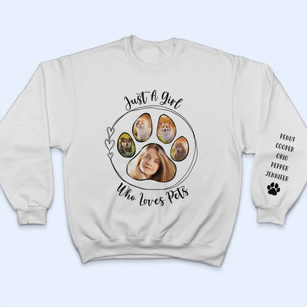 Custom Photo Just A Girl Who Loves Dog - Gift For Dog Lovers - Personalized Sweatshirt With Sleeve Imprint