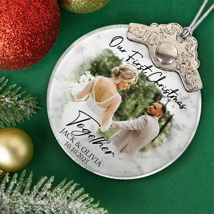 Custom Photo First Christmas As Mr & Mrs Couples - Personalized Glass Ornament With Silver Cap