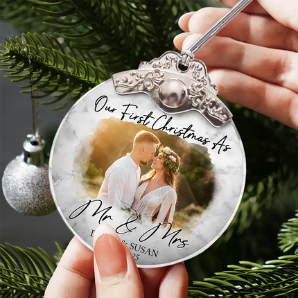 Custom Photo First Christmas As Mr & Mrs Couples - Personalized Glass Ornament With Silver Cap
