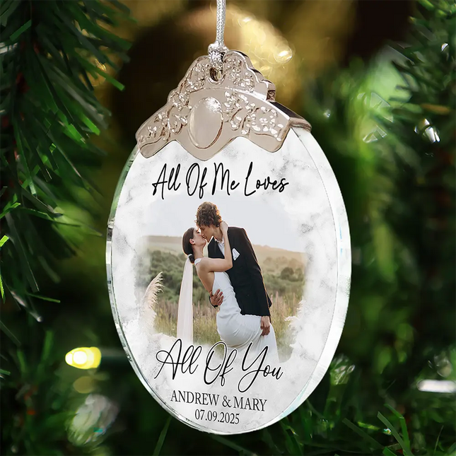 Custom Photo First Christmas As Mr & Mrs Couples - Personalized Glass Ornament With Silver Cap