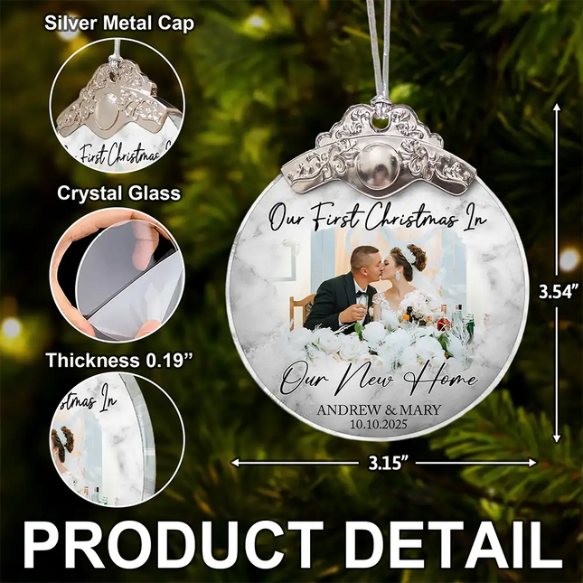 Custom Photo First Christmas As Mr & Mrs Couples - Personalized Glass Ornament With Silver Cap