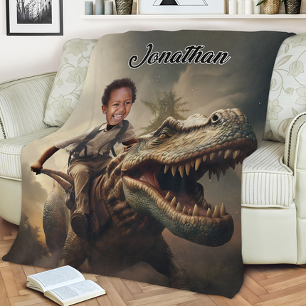 Custom Photo Boy Riding Dinosaur Kid Blanket Back To School Gift For Son Daughter