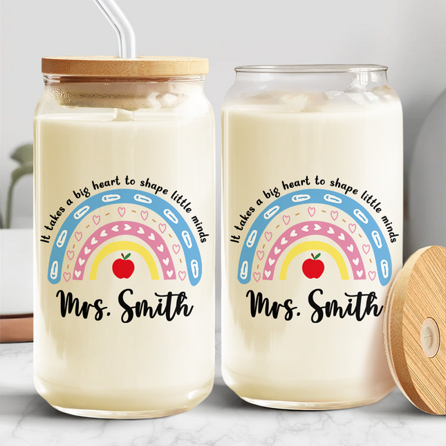 Personalized Rainbow Teacher Glass Can With Lid Teacher Apprecation Gift Back to School Gift