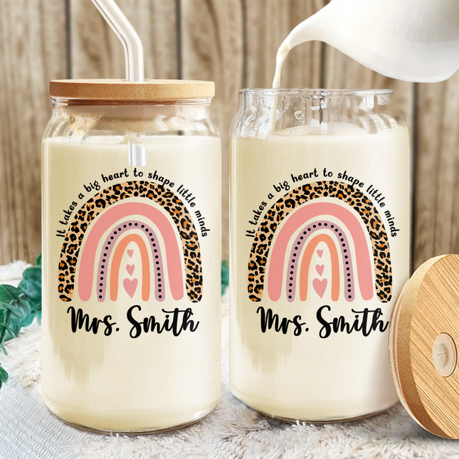Personalized Rainbow Teacher Glass Can With Lid Teacher Apprecation Gift Back to School Gift