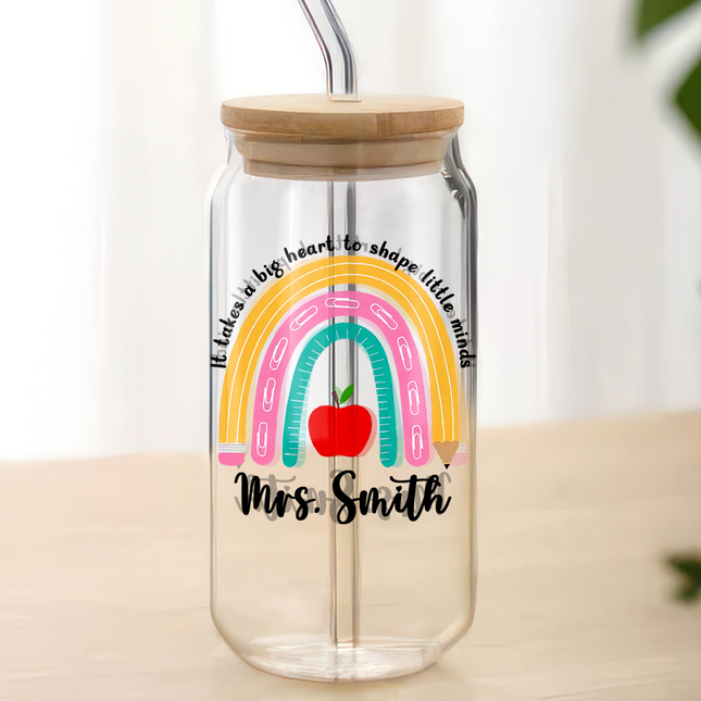 Personalized Rainbow Teacher Glass Can With Lid Teacher Apprecation Gift Back to School Gift