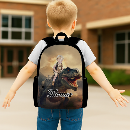 Custom Photo Boy Riding Dinosaur Backpack Back To School Gift For Son Daughter