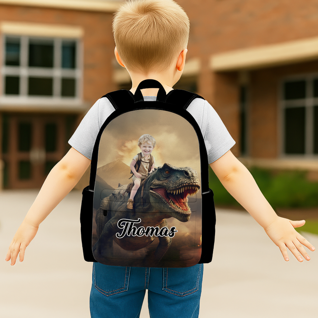 Custom Photo Boy Riding Dinosaur Backpack Back To School Gift For Son Daughter