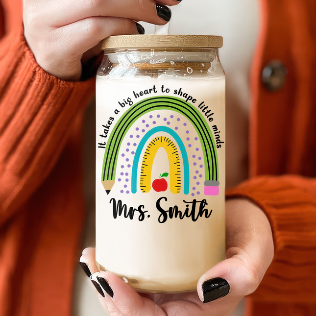 Personalized Rainbow Teacher Glass Can With Lid Teacher Apprecation Gift Back to School Gift