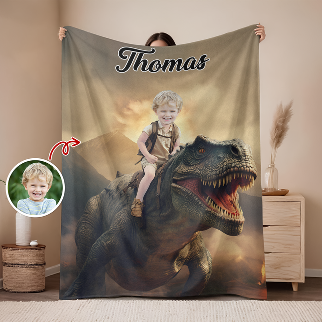 Custom Photo Boy Riding Dinosaur Kid Blanket Back To School Gift For Son Daughter