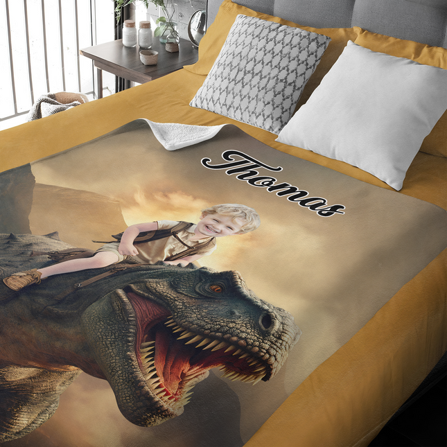 Custom Photo Boy Riding Dinosaur Kid Blanket Back To School Gift For Son Daughter
