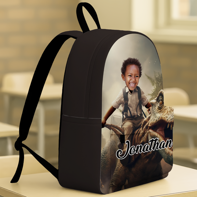 Custom Photo Boy Riding Dinosaur Backpack Back To School Gift For Son Daughter