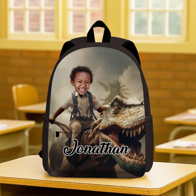 Custom Photo Boy Riding Dinosaur Backpack Back To School Gift For Son Daughter