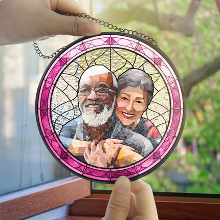 Custom Photo Portrait Couple Family - Personalized Stained Glass Window Hanging Suncatcher