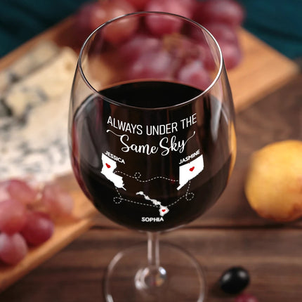 Never Too Far To Drink Together Besties Sisters - Personalized Wine Glass