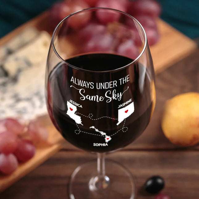 Never Too Far To Drink Together Besties Sisters - Personalized Wine Glass