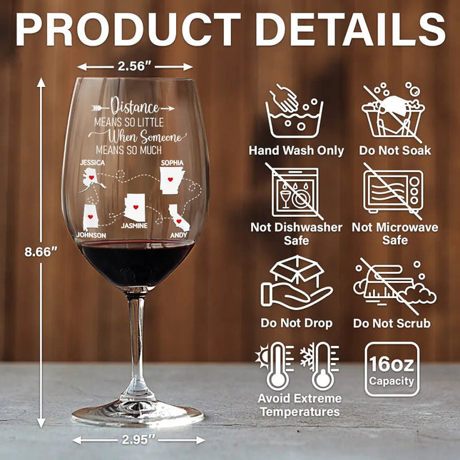 Never Too Far To Drink Together Besties Sisters - Personalized Wine Glass