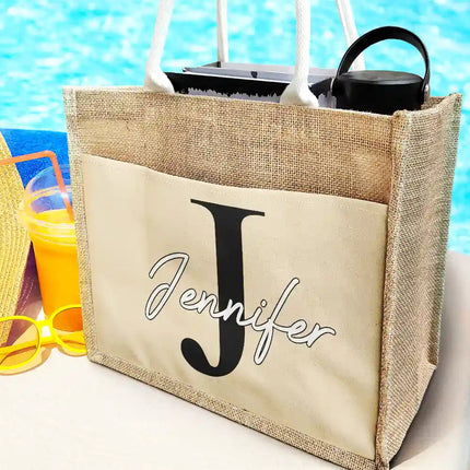 Monogram Name - Personalized Jute Tote Bag