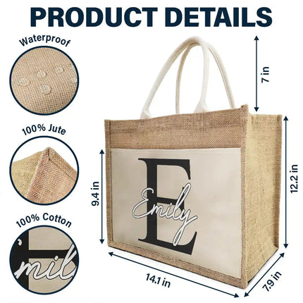 Monogram Name - Personalized Jute Tote Bag