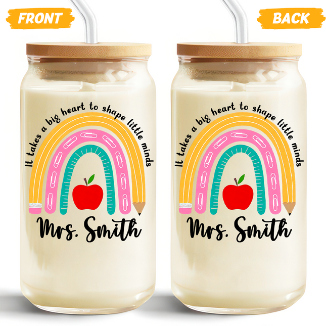 Personalized Rainbow Teacher Glass Can With Lid Teacher Apprecation Gift Back to School Gift