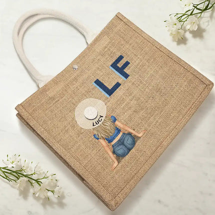 Shadow Monogram Girl By The Beach - Personalized Jute Beach Bag