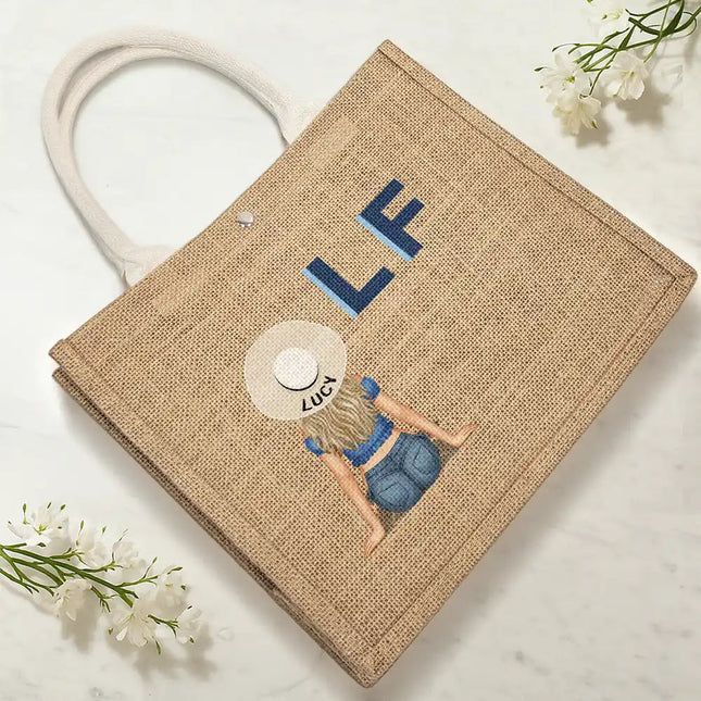 Shadow Monogram Girl By The Beach - Personalized Jute Beach Bag